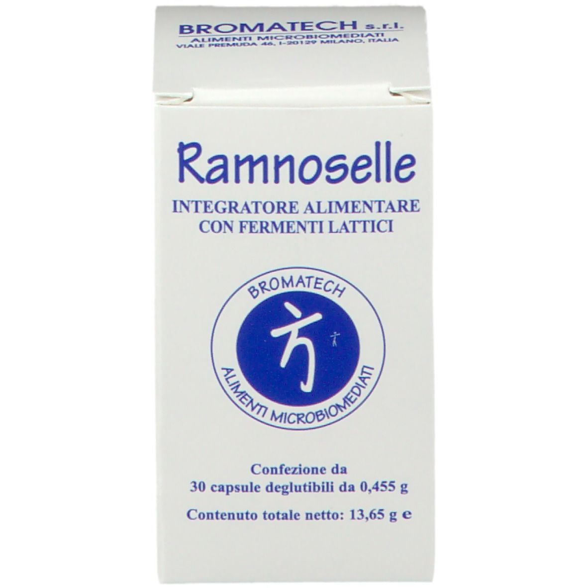 Scatola bianca con nome e logo del prodotto. Contiene 30 capsule. Marca: BROMATECH.