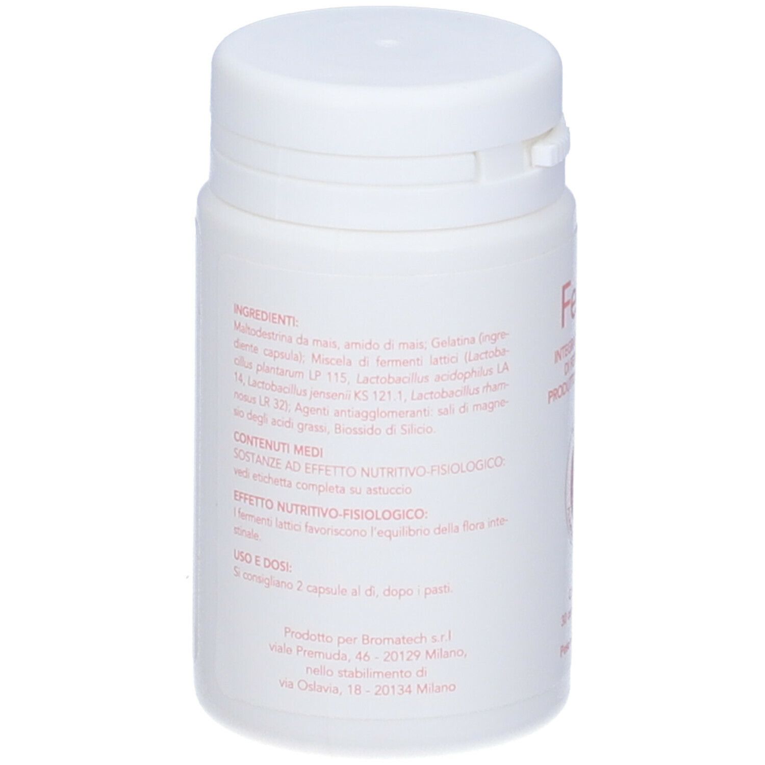 Weiße Kapsel-Dose mit rosa Schrift. Zutatenliste und Nährwertangaben auf der Seite.