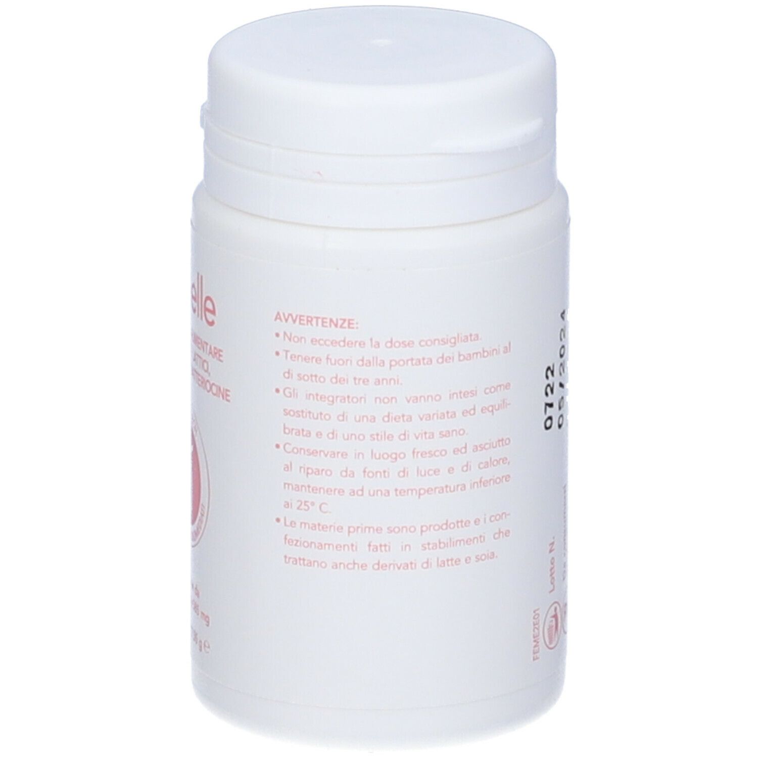 Weiße Kapsel-Dose mit rosa Schrift. Warnhinweise und Vorsichtsmaßnahmen.