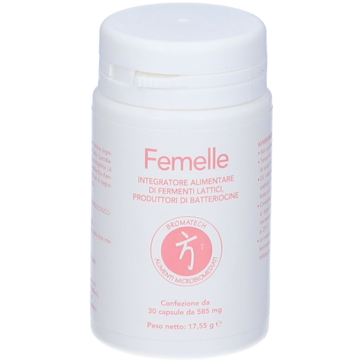 Weiße Kapsel-Dose mit rosa Etikett. Produktname: Femelle. Logo mit Schriftzug.