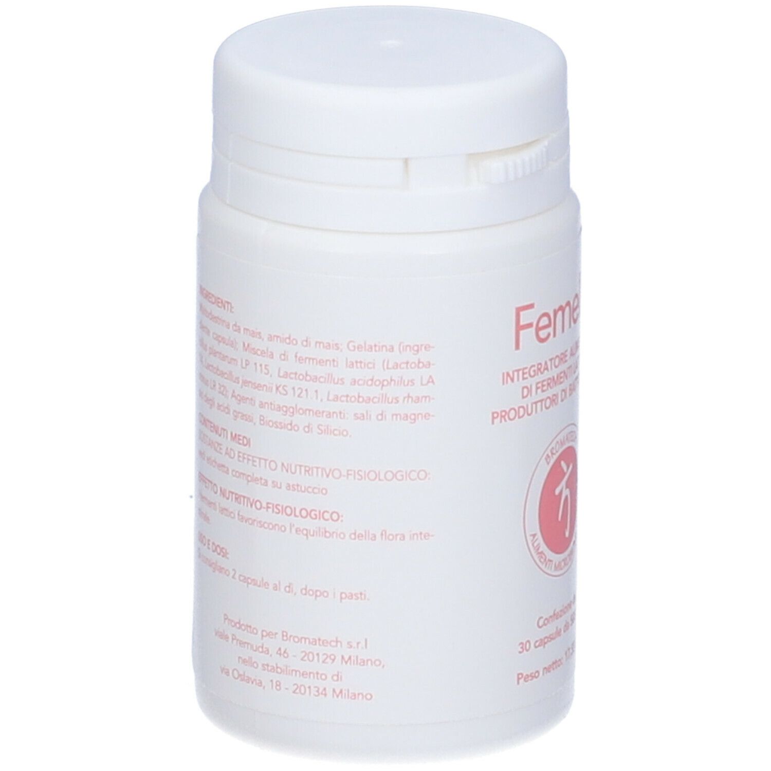 Weiße Kapsel-Dose mit rosa Schrift. Zutatenliste und Nährwertangaben auf der Seite.