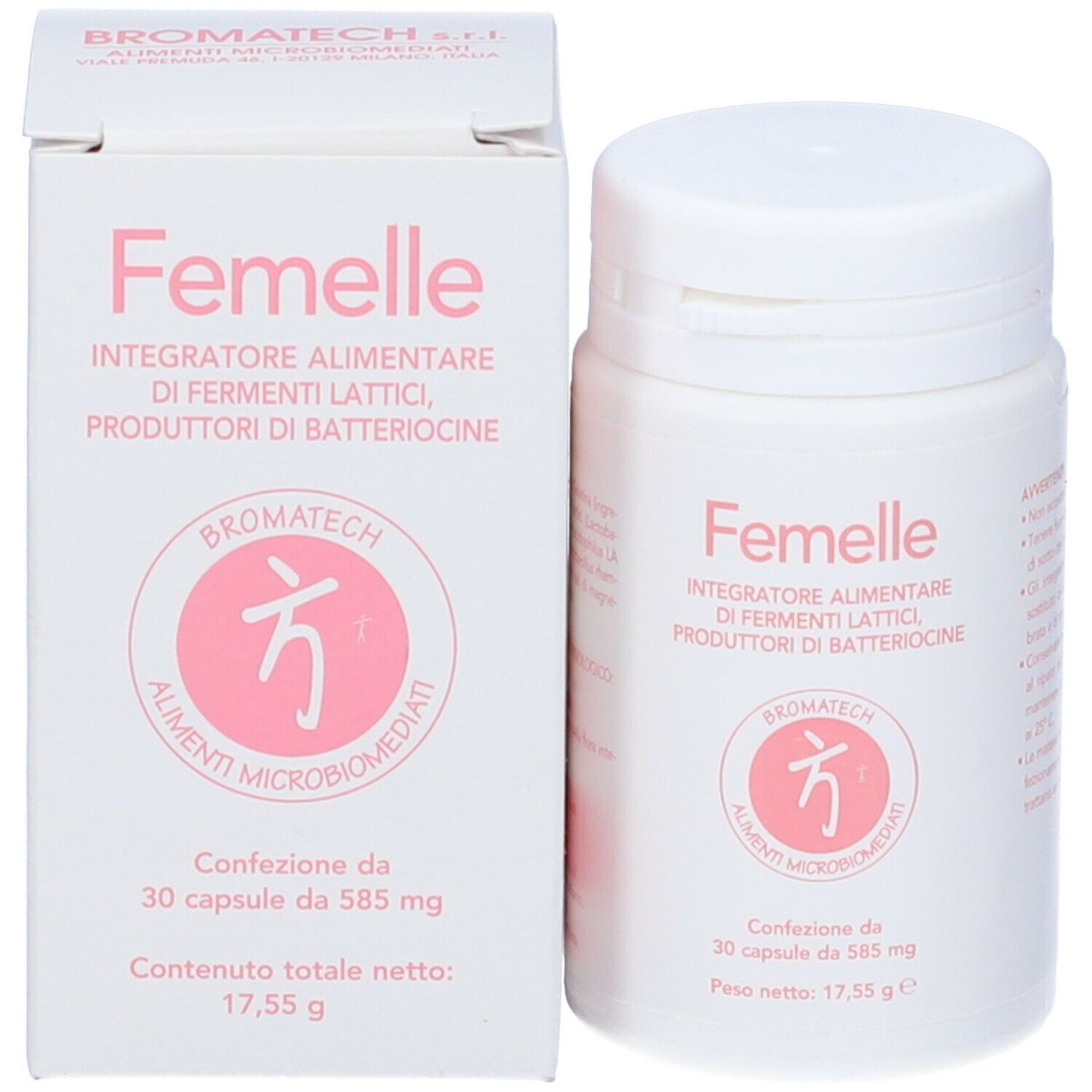 Produktverpackung: Weiße Schachtel und Kapsel-Dose. Produktname: Femelle. Logo.