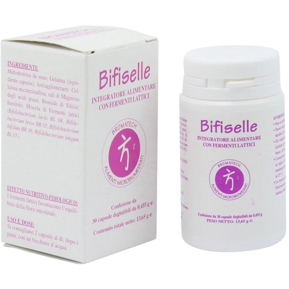 Prodotto Bifiselle con confezione. Scatola e flacone bianchi. Scritta: Bifiselle, Integratore alimentare con fermenti lattici. Logo.