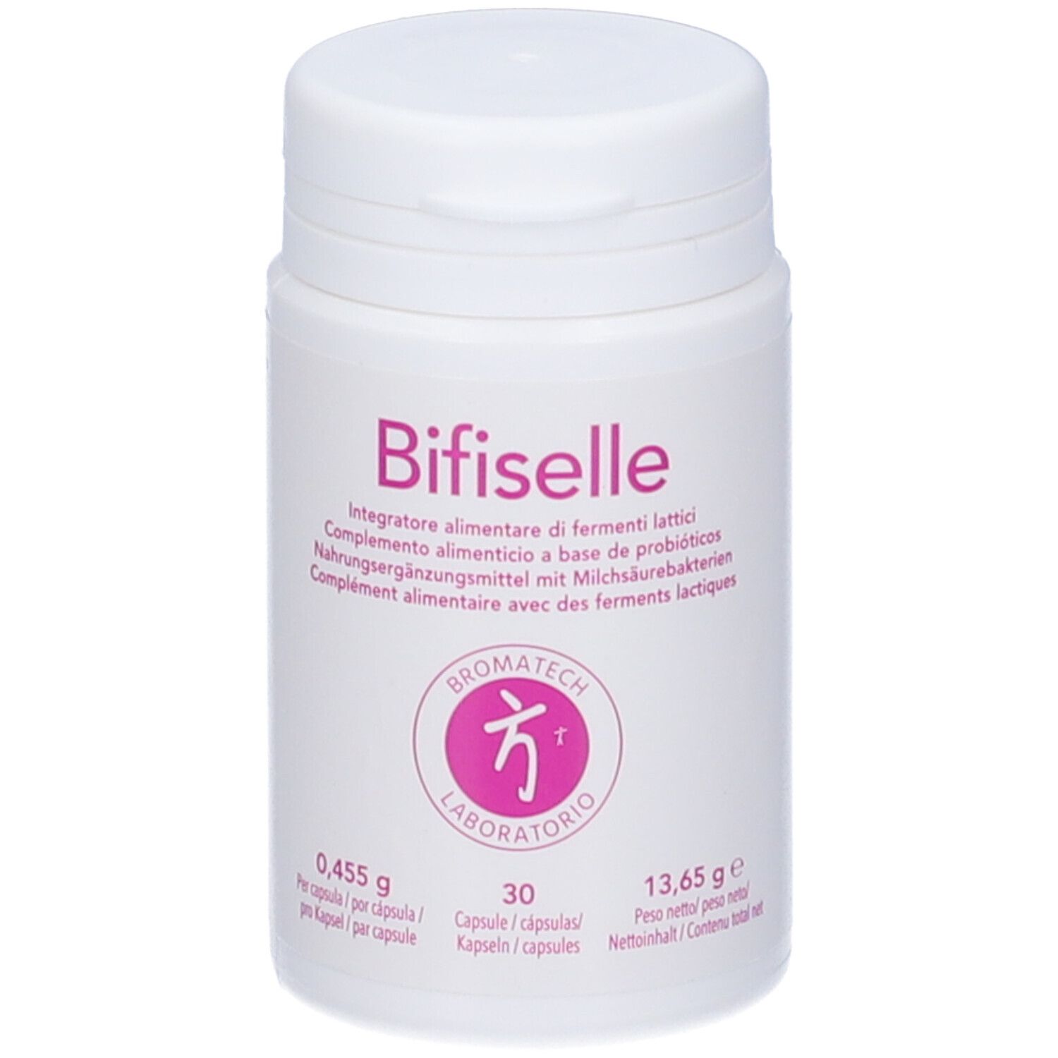 Flacone bianco con tappo a vite. Scritta: Bifiselle, Integratore alimentare con fermenti lattici. Logo. 30 capsule. 13,65 g.