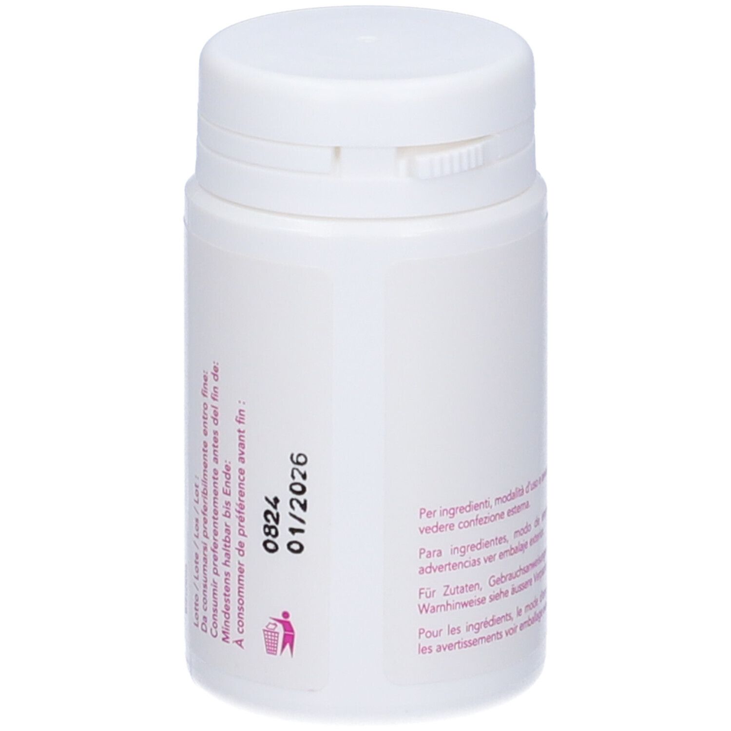 Retro di un flacone bianco. Testo multilingue. 0,455 g per capsula. Scadenza 01/2026.
