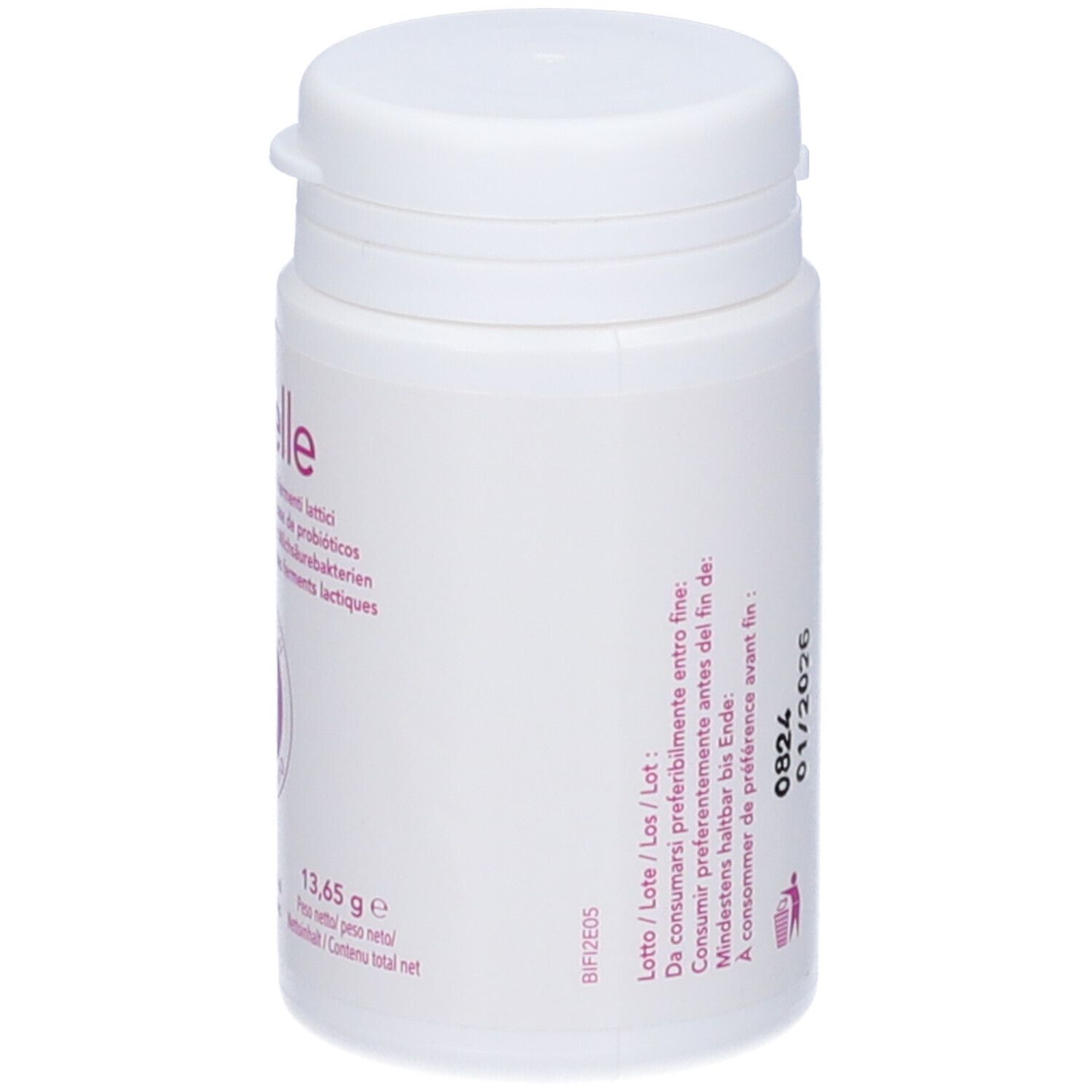Flacone bianco con tappo a vite. Scritta: Bifiselle, Integratore alimentare con fermenti lattici. Logo. 30 capsule. 13,65 g.