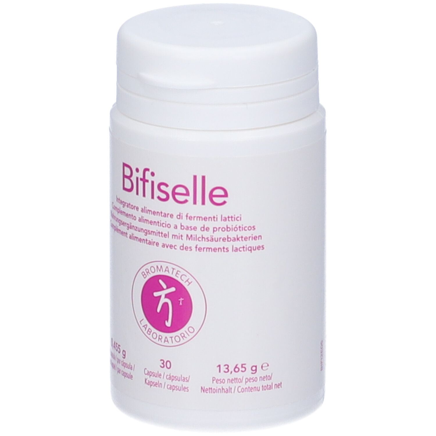 Flacone bianco con tappo a vite. Scritta: Bifiselle, Integratore alimentare con fermenti lattici. Logo. 30 capsule. 13,65 g.
