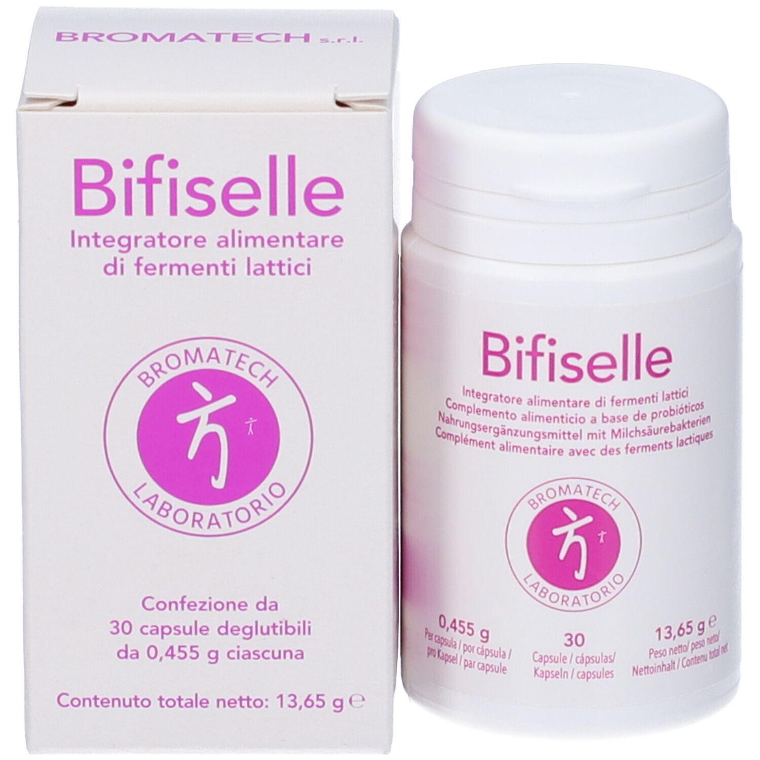 Prodotto Bifiselle con confezione. Scatola e flacone bianchi. Scritta: Bifiselle, Integratore alimentare con fermenti lattici. Logo.