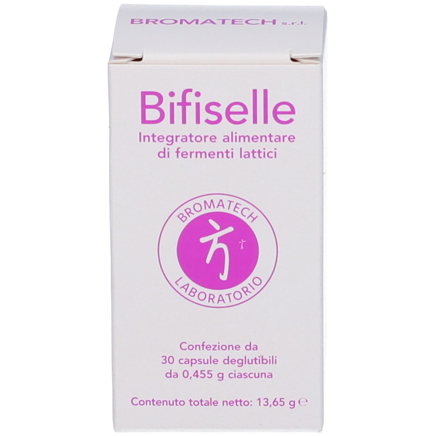 Scatola bianca. Scritta: Bifiselle, Integratore alimentare di fermenti lattici. Logo. 30 capsule. 13,65 g.