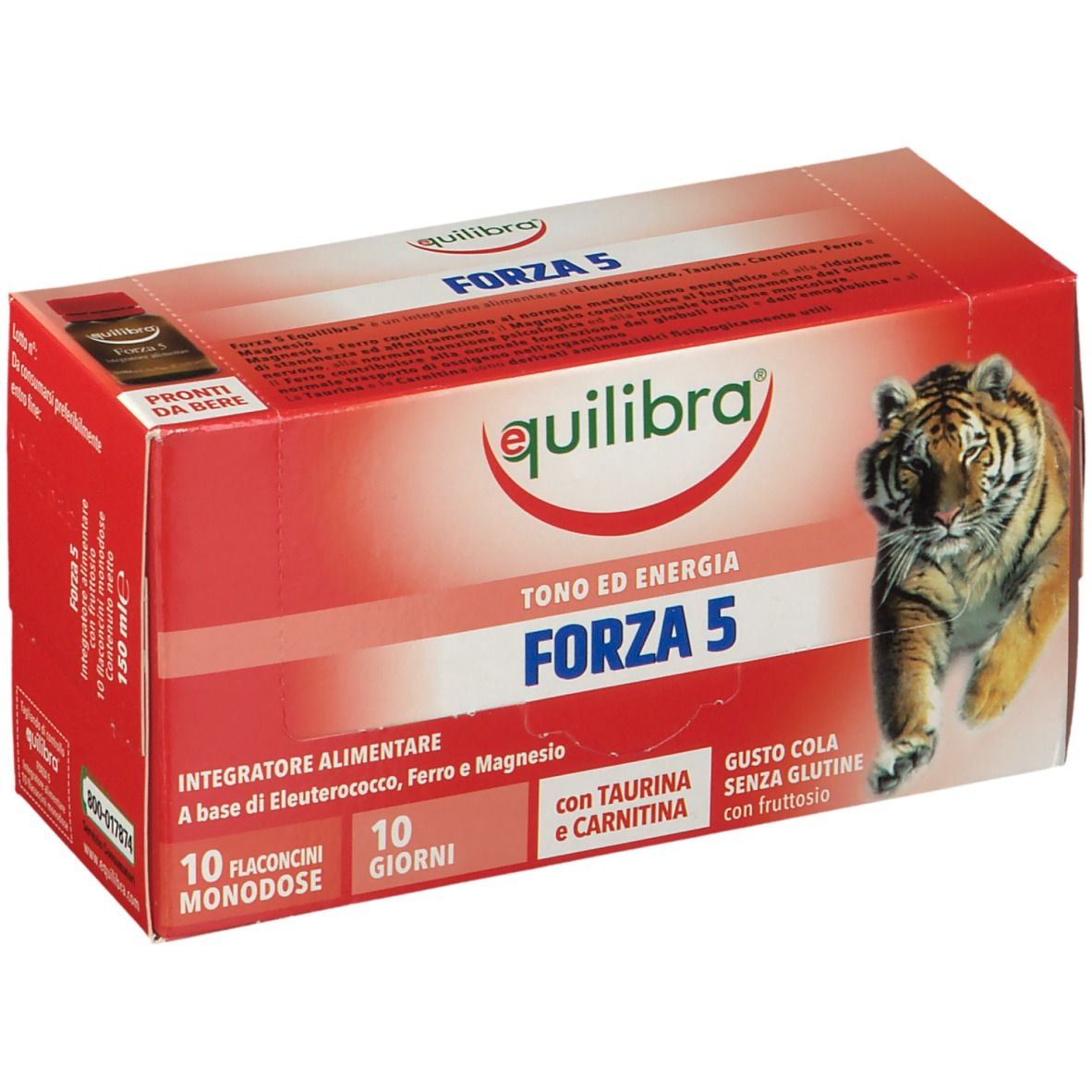 Confezione rossa Forza 5 Equilibra. Contiene 10 flaconcini monodose. Immagine di una tigre.