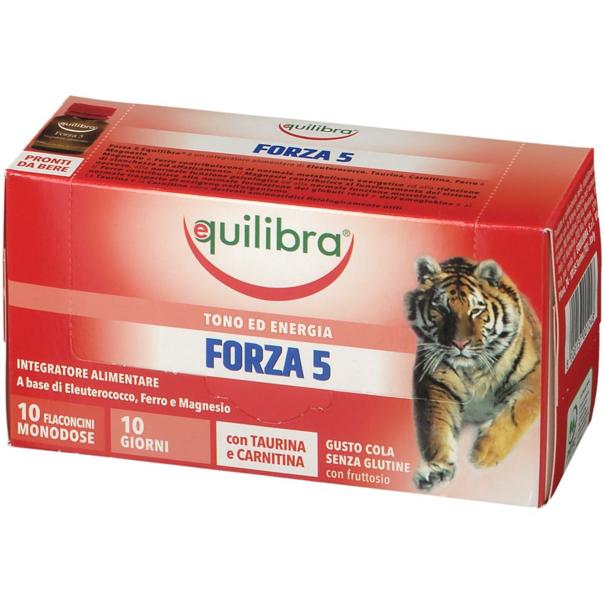 Confezione rossa Forza 5 Equilibra. Contiene 10 flaconcini monodose. Immagine di una tigre.