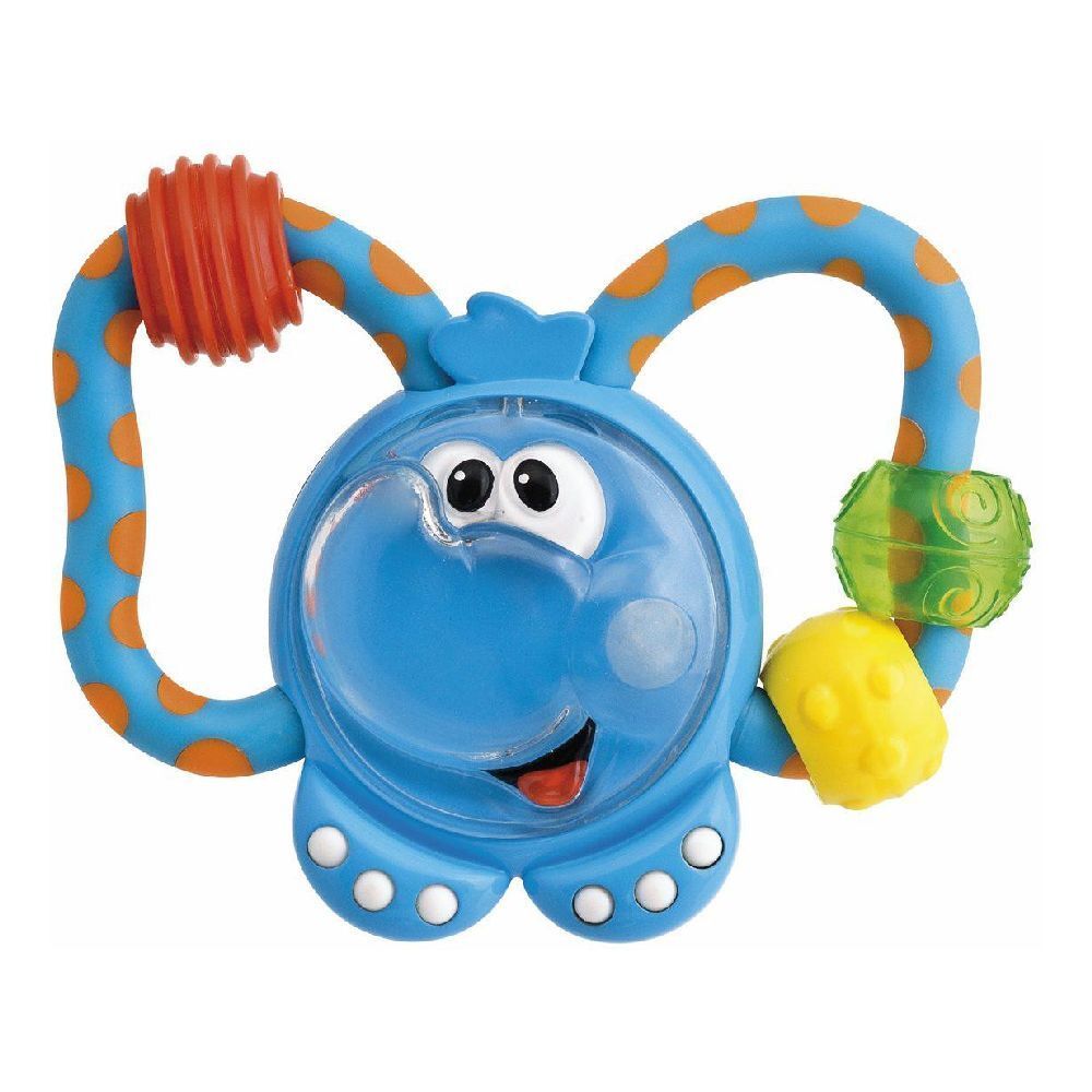 Giocattolo a forma di elefante blu con pois e elementi arancioni. Con occhi, naso, orecchie e bocca. Include altri due elementi.