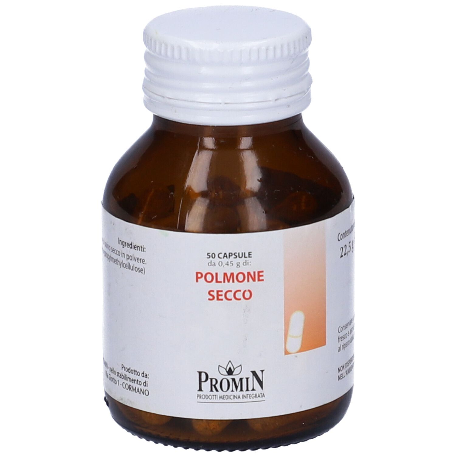 Bottiglia di vetro marrone con tappo bianco. Etichetta con testo: 50 capsule, Polmone Secco, Promin.