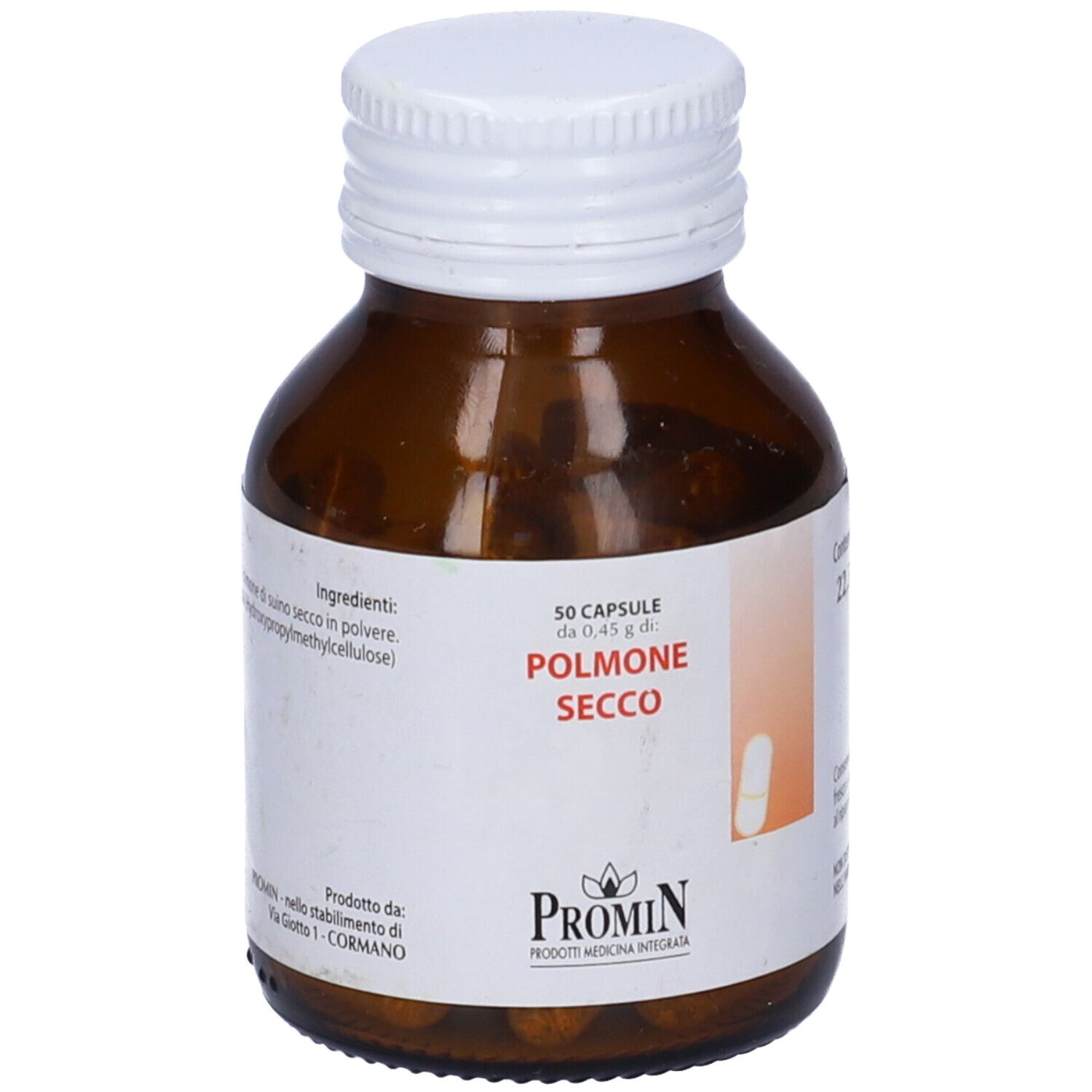 Bottiglia di vetro marrone con tappo bianco. Etichetta con testo: 50 capsule, Polmone Secco, Promin.