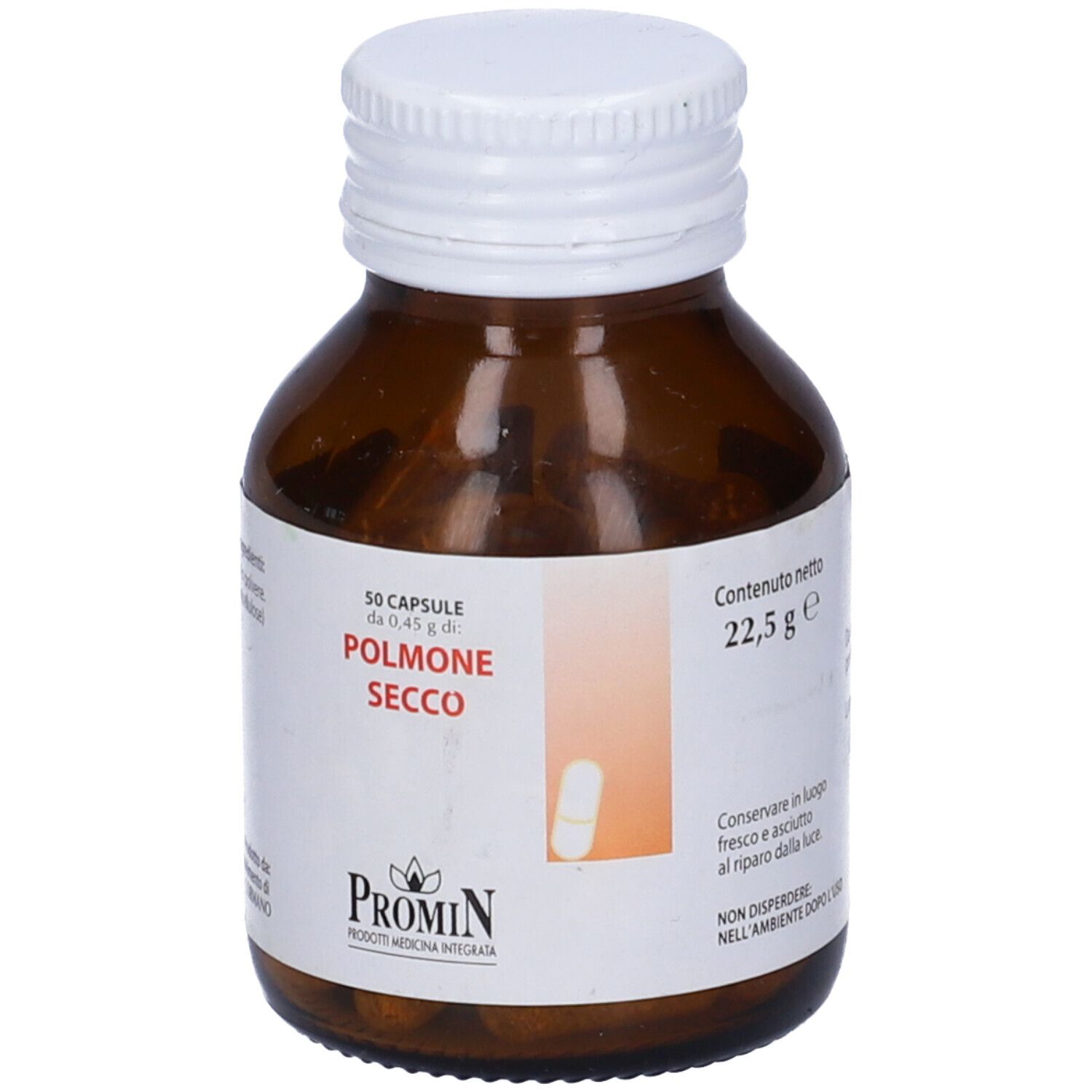 Bottiglia di vetro marrone con tappo bianco. Etichetta con testo: 50 capsule, Polmone Secco, Promin.