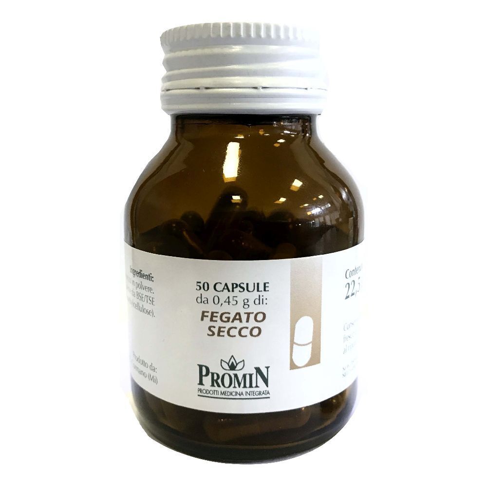 Flacone di vetro marrone con tappo bianco. Scritta: 50 capsule, Fegato Secco. Marchio: Promin.