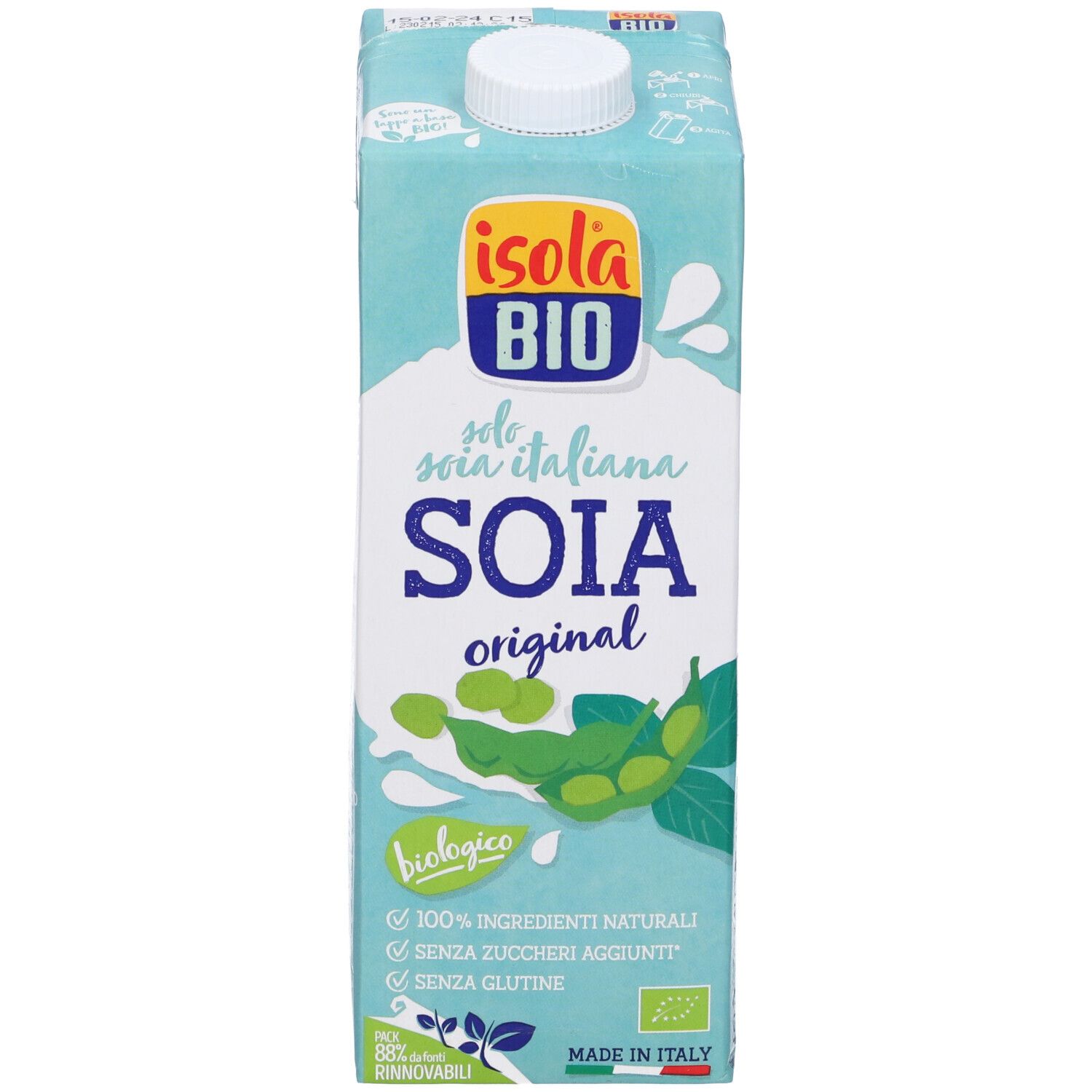 Confezione di bevanda alla soia. Marchio Isola Bio, scritta Soia Original. Illustrazione di fagioli di soia verdi. Biologico.