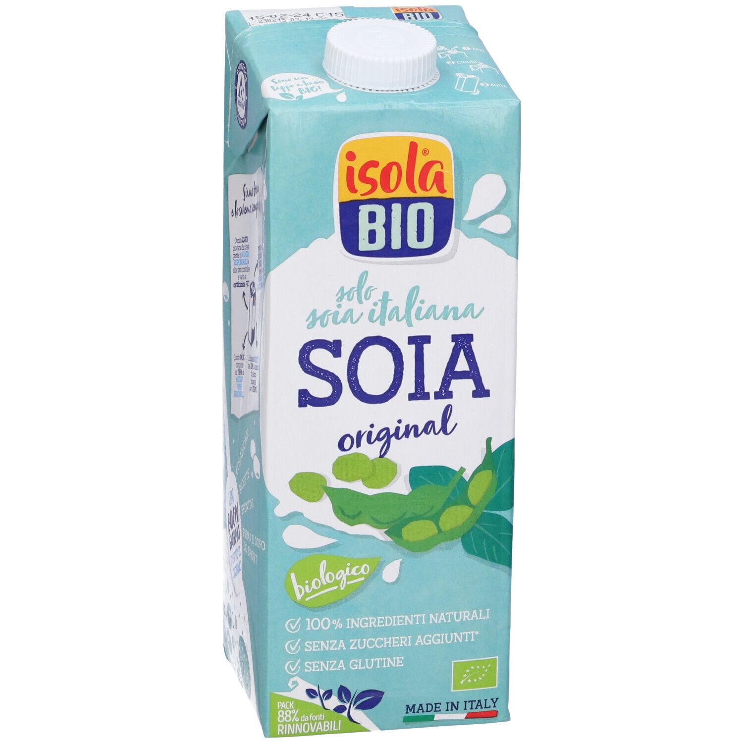 Confezione di bevanda alla soia. Marchio Isola Bio, scritta Soia Original. Illustrazione di fagioli di soia verdi. Biologico.