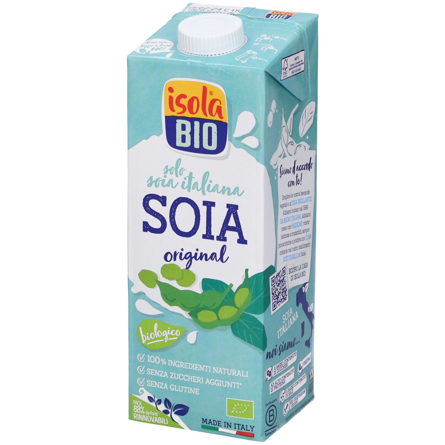 Confezione di bevanda alla soia. Marchio Isola Bio, scritta Soia Original. Illustrazione di fagioli di soia verdi. Biologico.