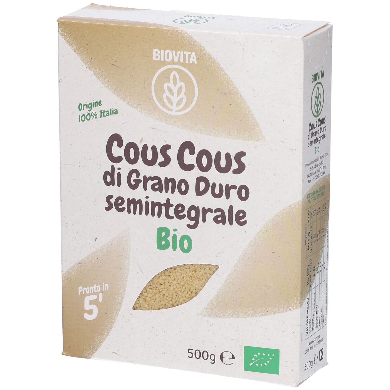 Confezione di Cous Cous Biovita. Scritta: Cous Cous di Grano Duro semintegrale Bio. 500g. Certificazione bio.