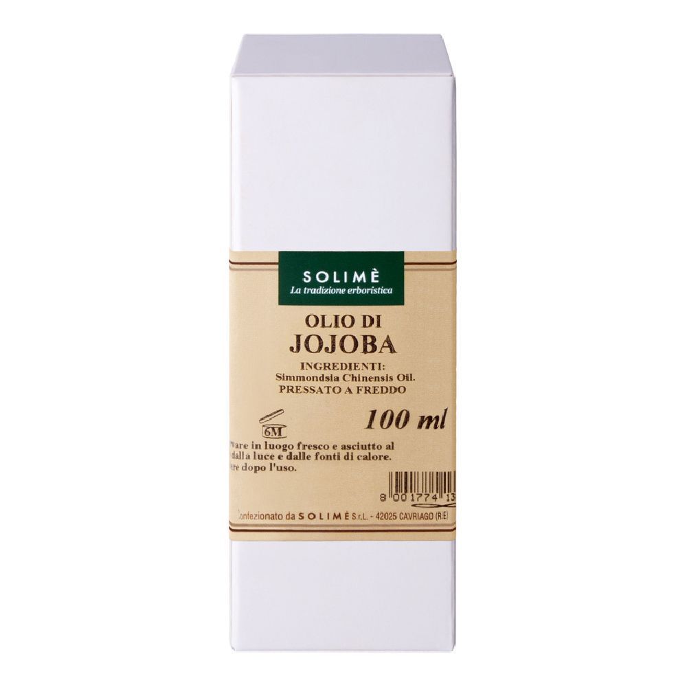 Scatola bianca con etichetta. Scritta: SOLIMÈ, Olio di Jojoba. Ingredienti e 100 ml.
