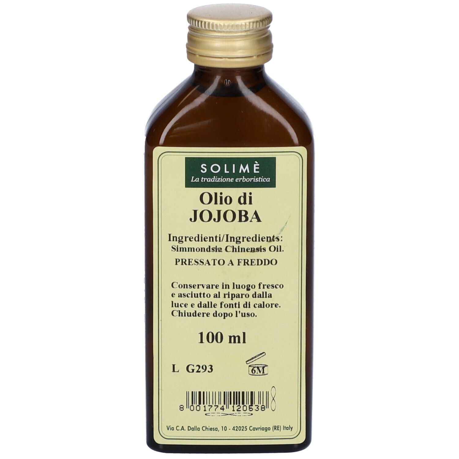 Bottiglia di vetro marrone con tappo dorato. Etichetta con SOLIMÈ, Olio di Jojoba. Ingredienti e 100 ml.