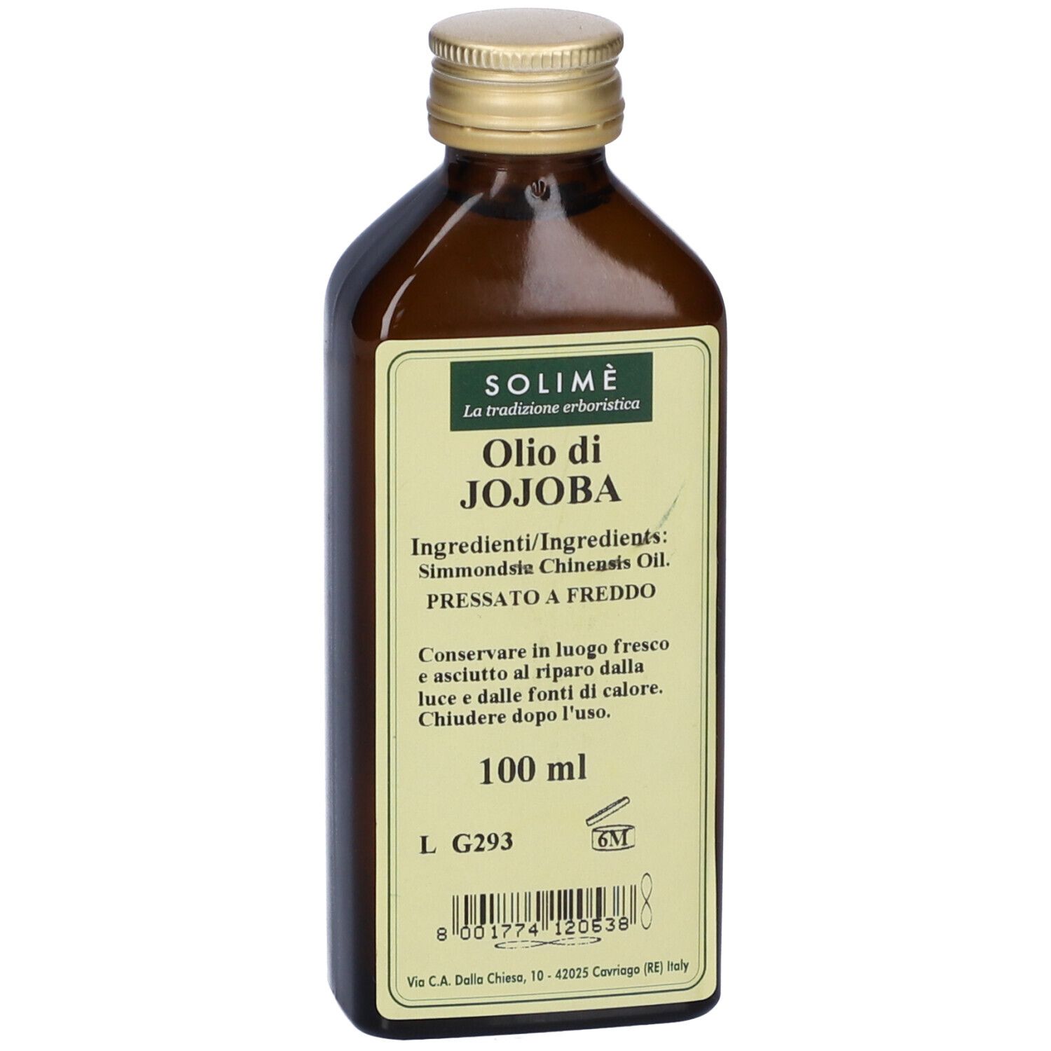 Bottiglia di vetro marrone con tappo dorato. Etichetta con SOLIMÈ, Olio di Jojoba. Ingredienti e 100 ml.
