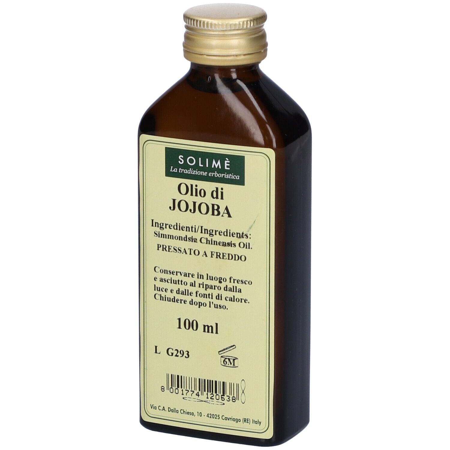 Bottiglia di vetro marrone con tappo dorato. Etichetta con SOLIMÈ, Olio di Jojoba. Ingredienti e 100 ml.