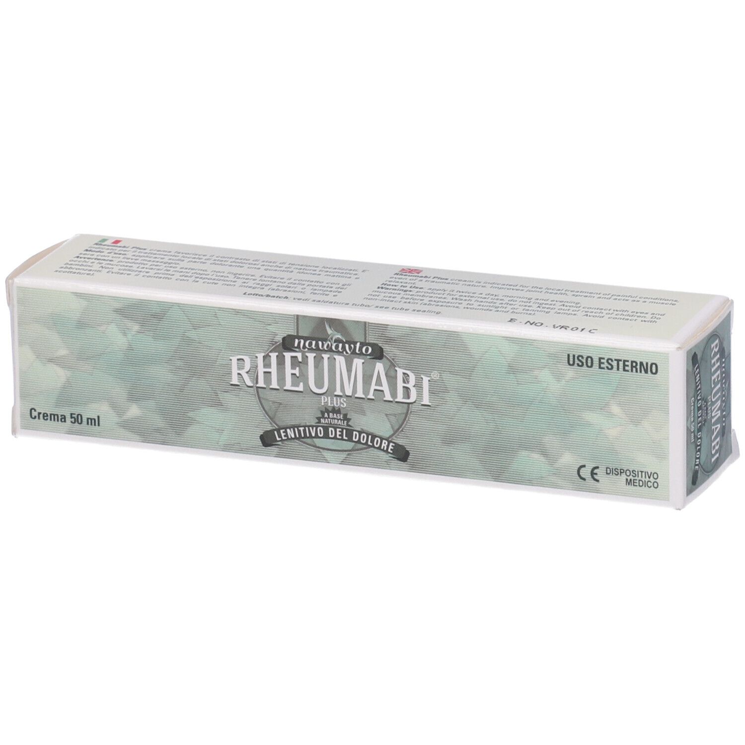 Scatola "Rheumabi Plus". Scritte "Crema 50 ml" e "Lenitivo del dolore". Marchio CE visibile.