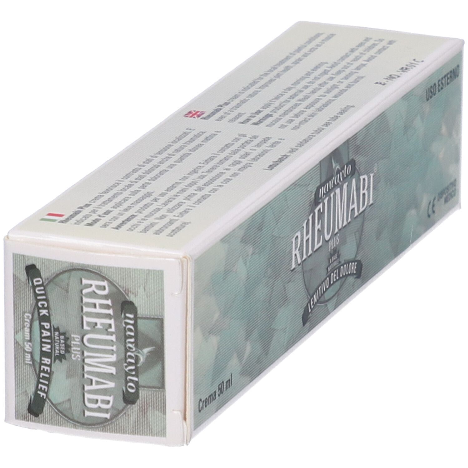 Scatola "Rheumabi Plus". Scritte "Quick Pain Relief" e "Crema 50 ml". Marchio CE visibile.