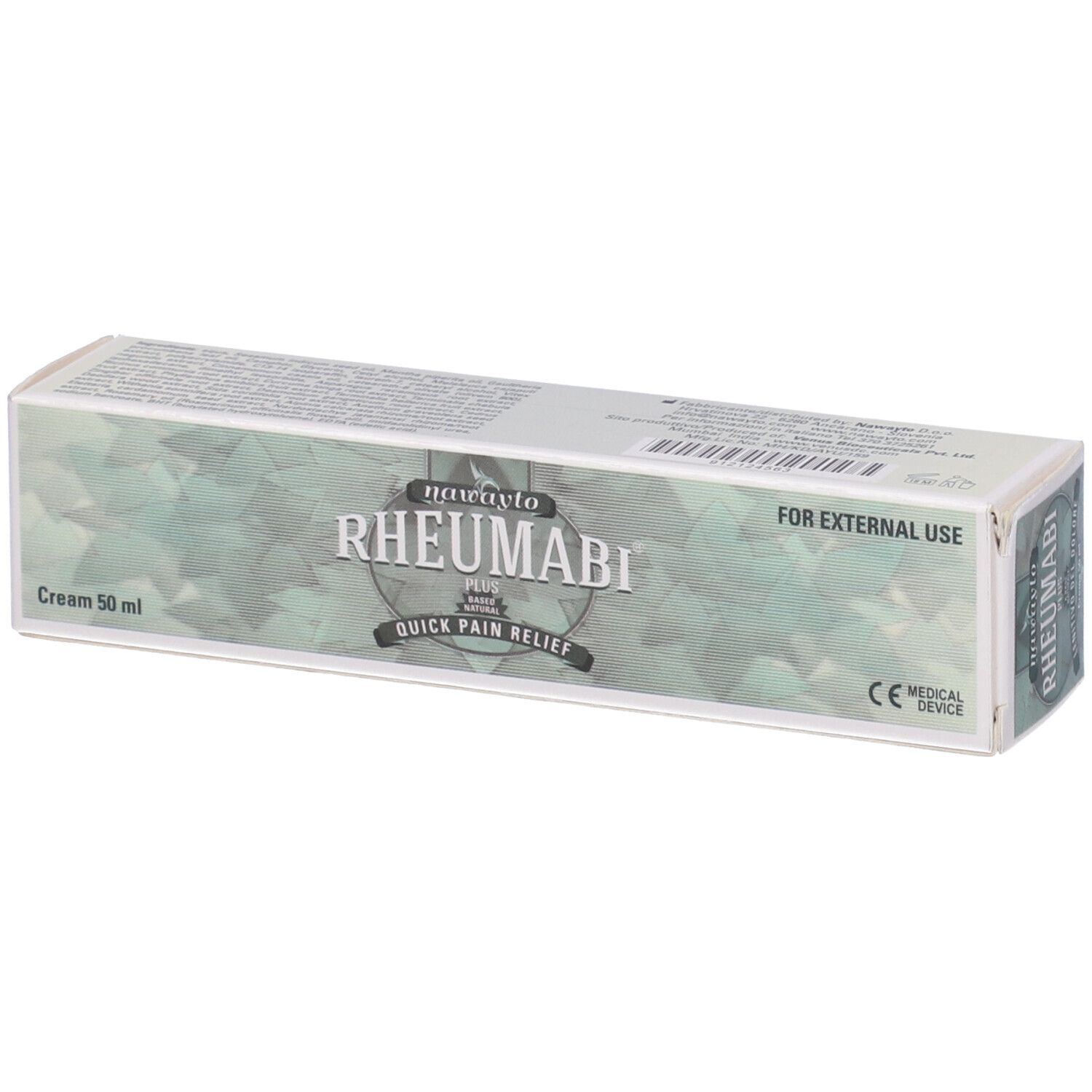 Scatola "Rheumabi Plus". Scritte "Quick Pain Relief" e "Crema 50 ml". Marchio CE visibile.
