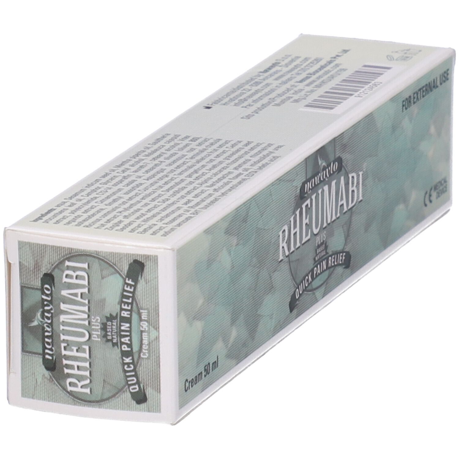 Scatola "Rheumabi Plus". Scritte "Quick Pain Relief" e "Crema 50 ml". Marchio CE visibile.