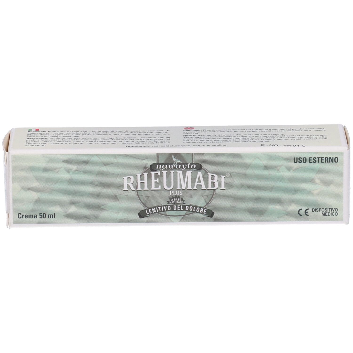 Scatola "Rheumabi Plus". Scritte "Crema 50 ml" e "Lenitivo del dolore". Marchio CE visibile.