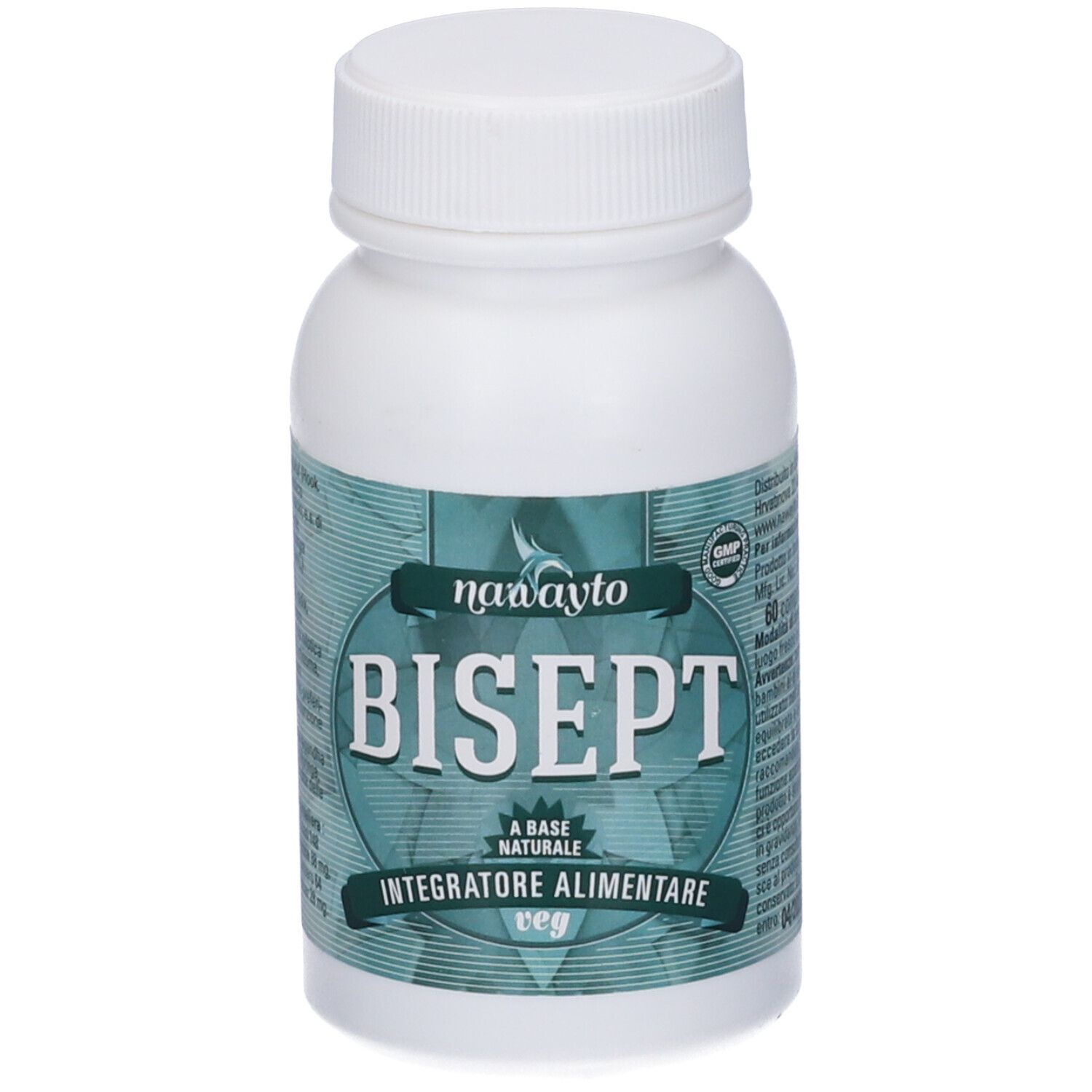 Flacone bianco con tappo a vite. L'etichetta riporta "Bisept" e "Integratore Alimentare".