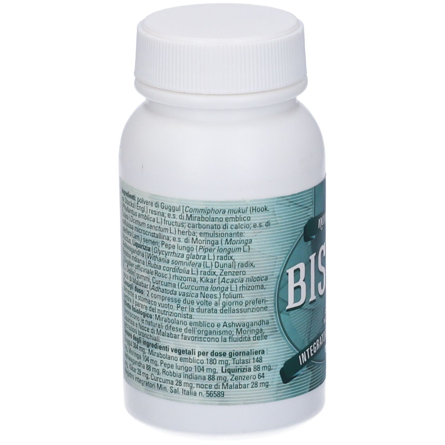 Retro di un flacone bianco con tappo a vite. Testo con ingredienti e informazioni nutrizionali.