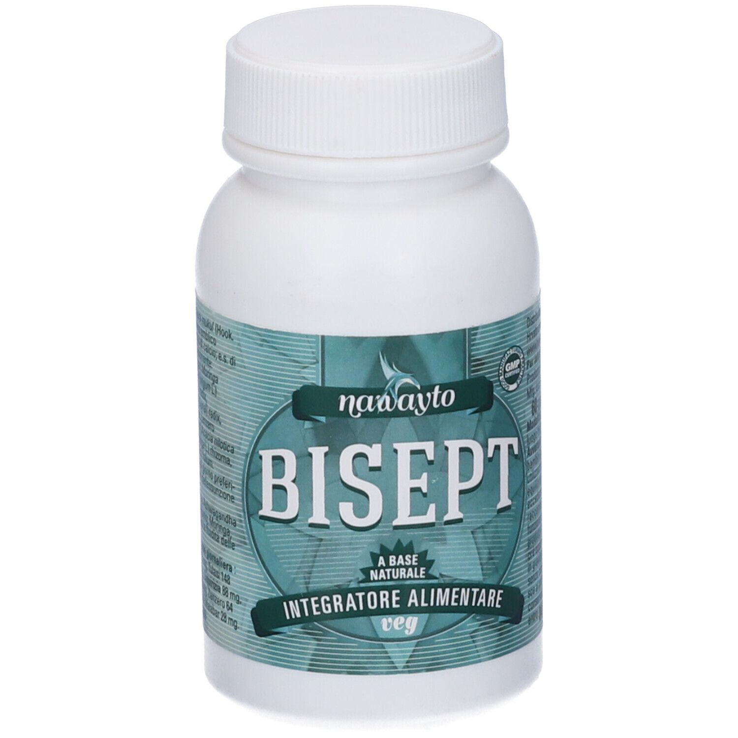 Flacone bianco con tappo a vite. L'etichetta riporta "Bisept" e "Integratore Alimentare".