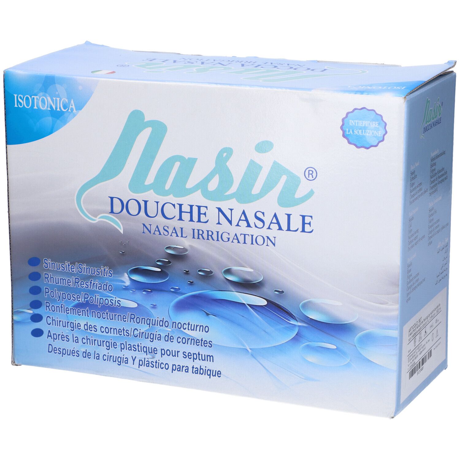 Confezione Nasir Douche Nasale. Isotonica. Scatola blu con nome prodotto e indicazioni d'uso.