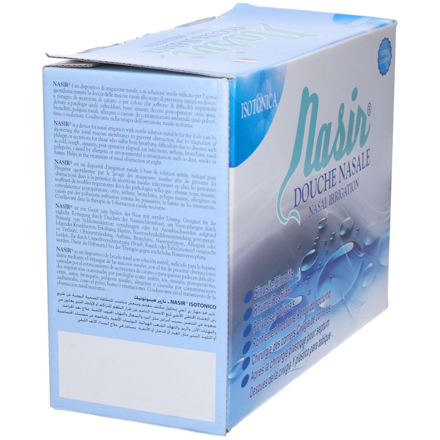 Confezione Nasir Douche Nasale. Isotonica. Scatola blu con informazioni e testo sul lato.