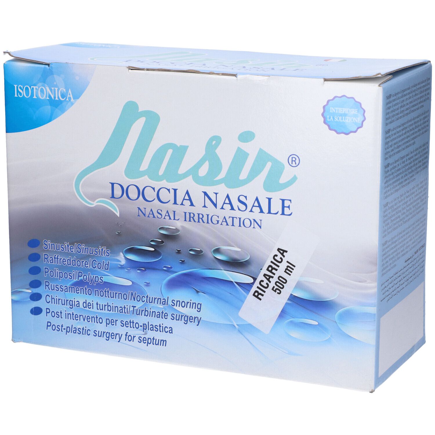 Confezione Nasir Douche Nasale. Isotonica. Scatola blu con nome e etichetta Ricaria 500 ml.