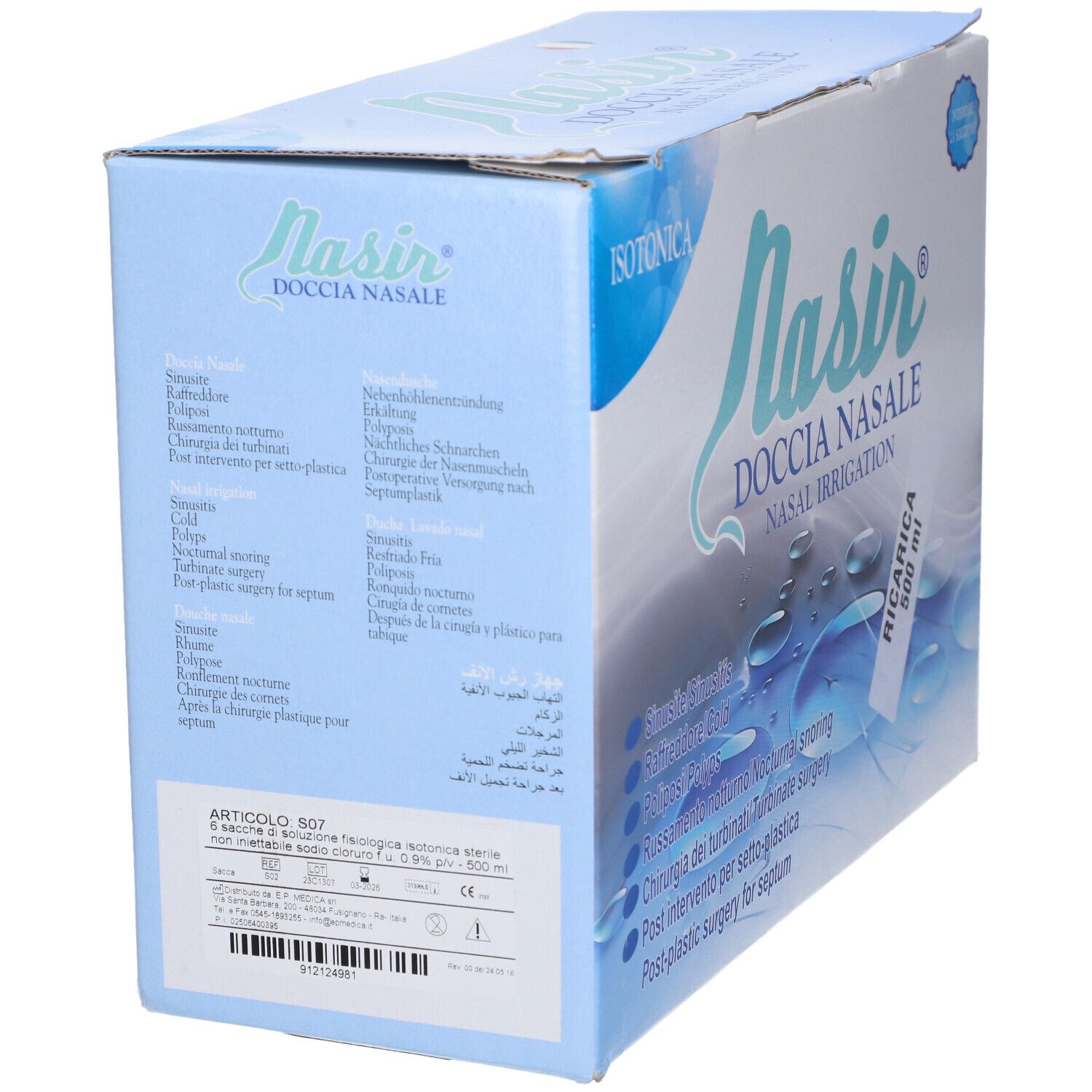 Confezione Nasir Douche Nasale. Isotonica. Scatola blu con informazioni e testo sul lato.