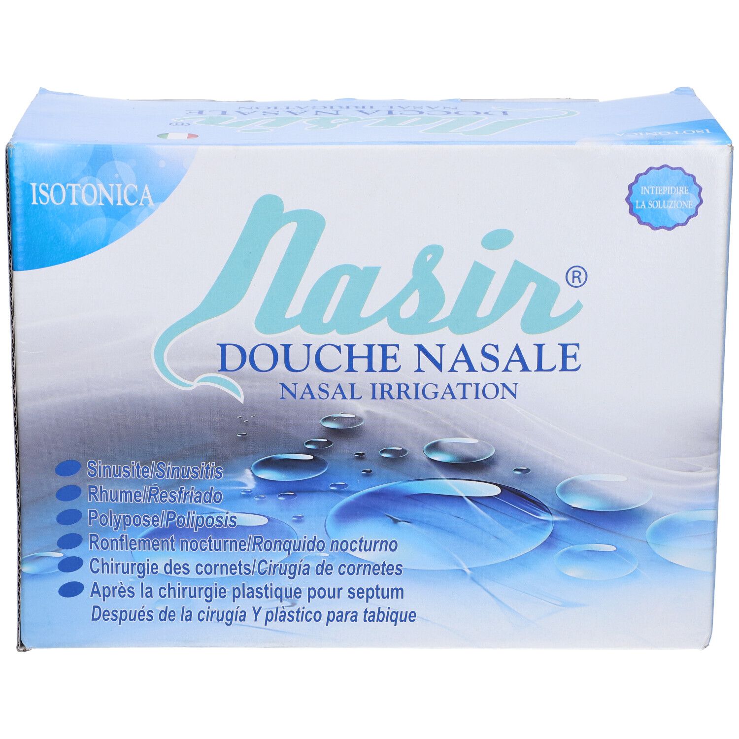 Confezione Nasir Douche Nasale. Isotonica. Scatola blu con nome prodotto e indicazioni d'uso.