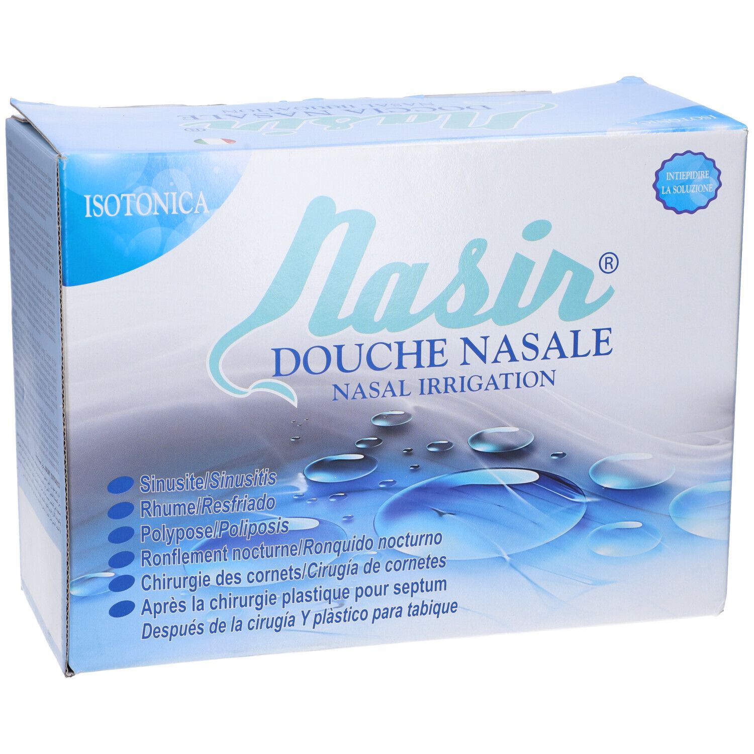 Confezione Nasir Douche Nasale. Isotonica. Scatola blu con nome prodotto e indicazioni d'uso.