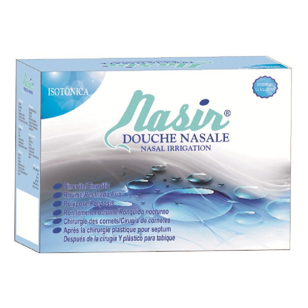 Scatola Nasir. Blu, con nome prodotto e indicazioni. Soluzione isotonica.