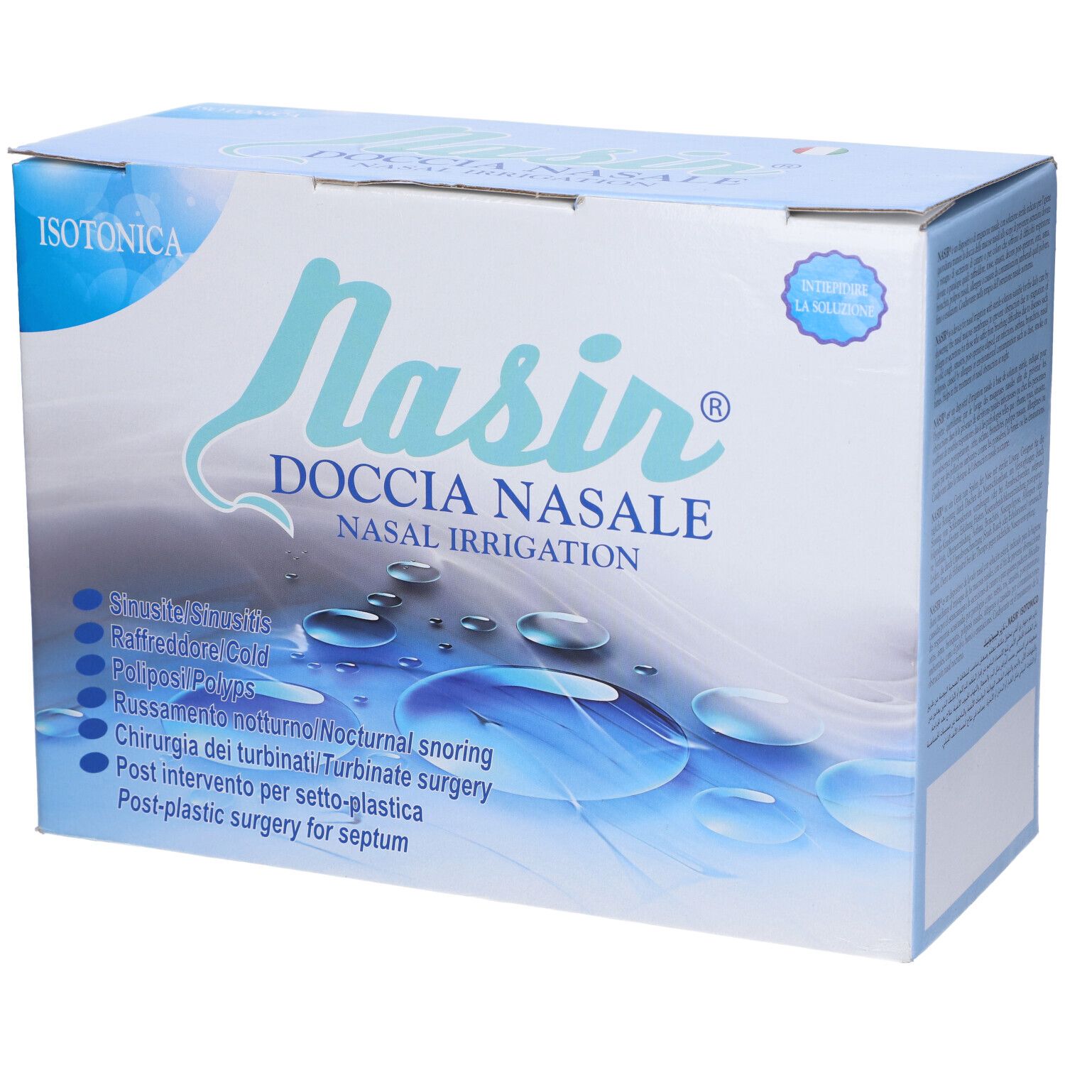 Scatola Nasir. Blu, con nome prodotto e indicazioni. Soluzione isotonica.
