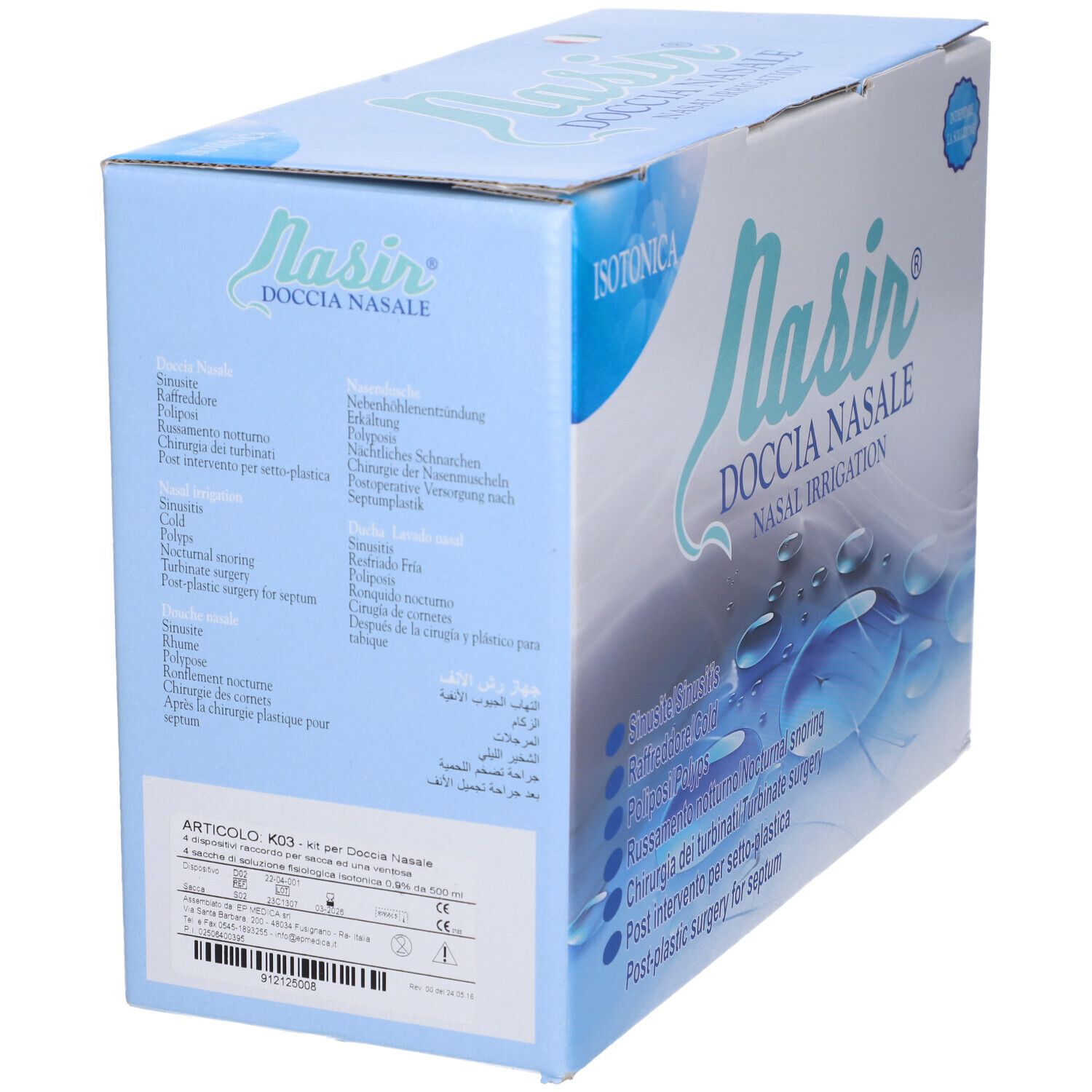 Scatola Nasir. Blu, con nome prodotto e indicazioni. Soluzione isotonica.