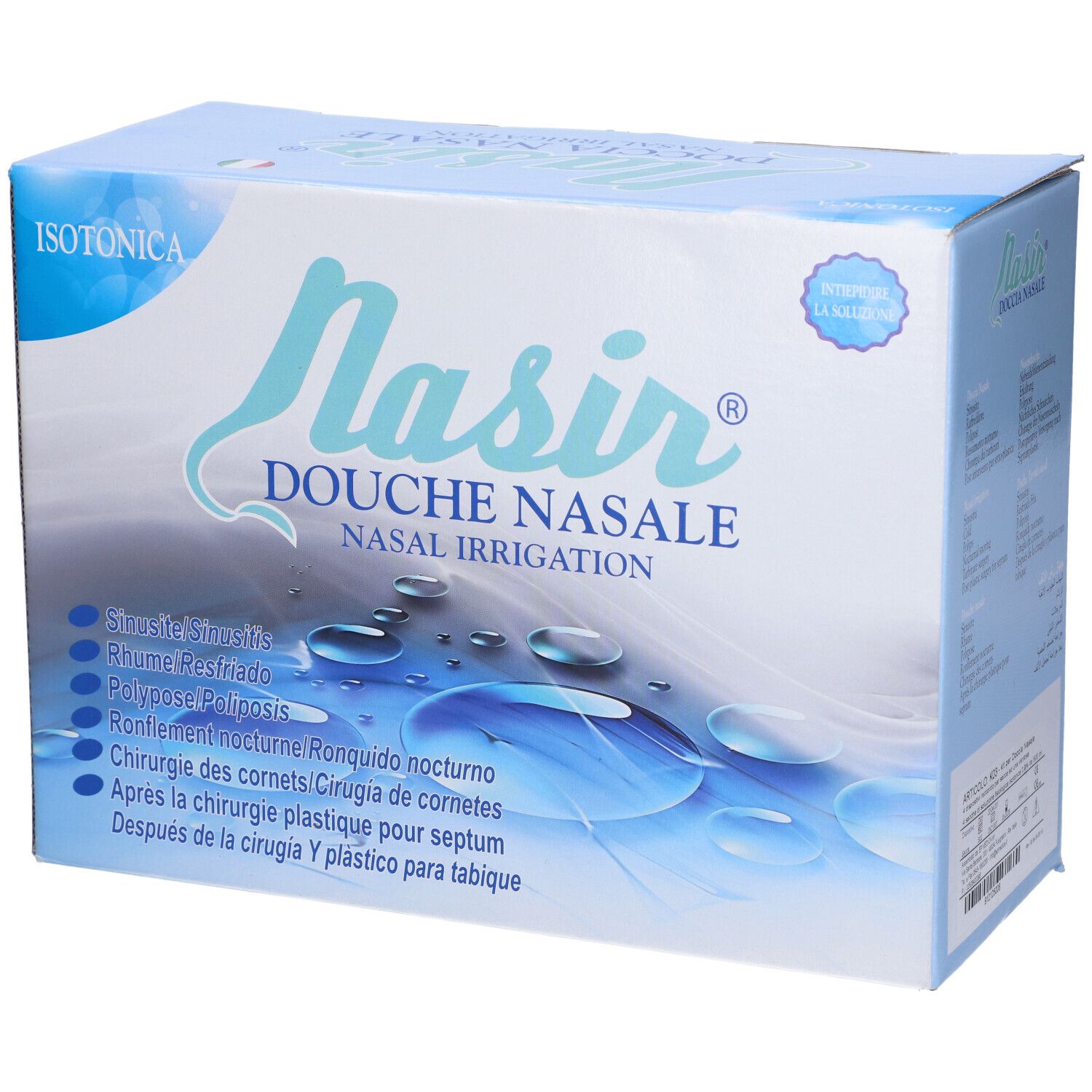 Scatola Nasir. Blu, con nome prodotto e indicazioni. Soluzione isotonica.