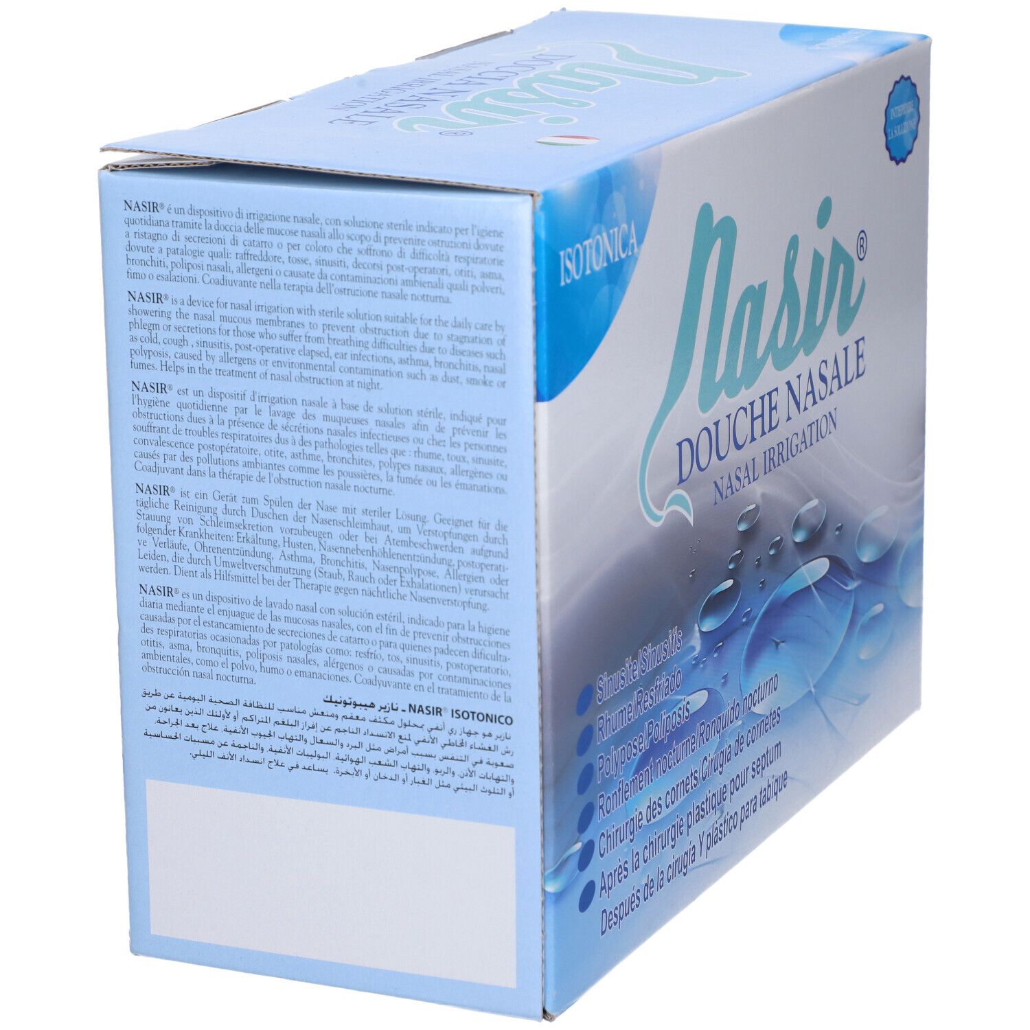Scatola Nasir. Blu, con nome prodotto e indicazioni. Soluzione isotonica.