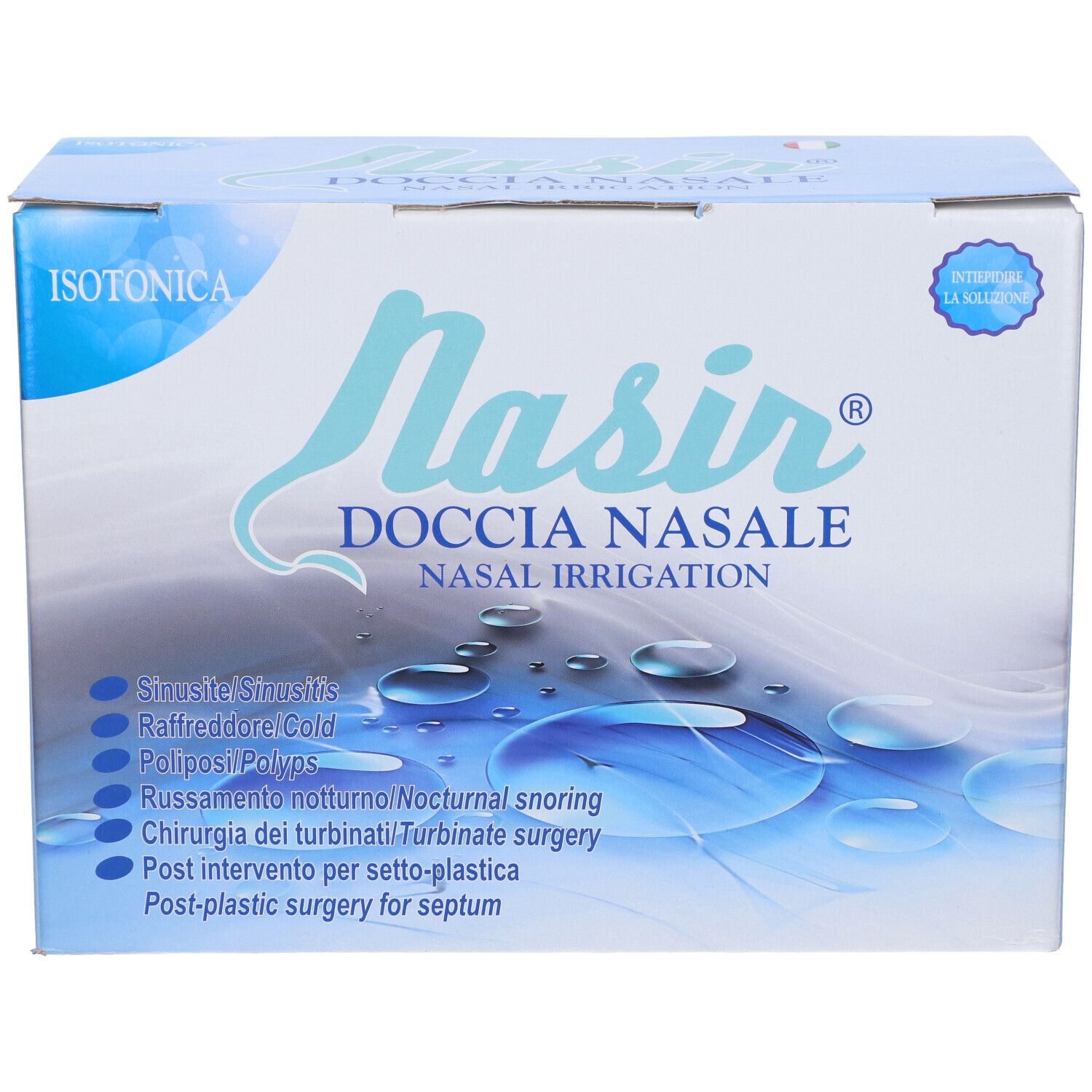 Scatola Nasir. Blu, con nome prodotto e indicazioni. Soluzione isotonica.