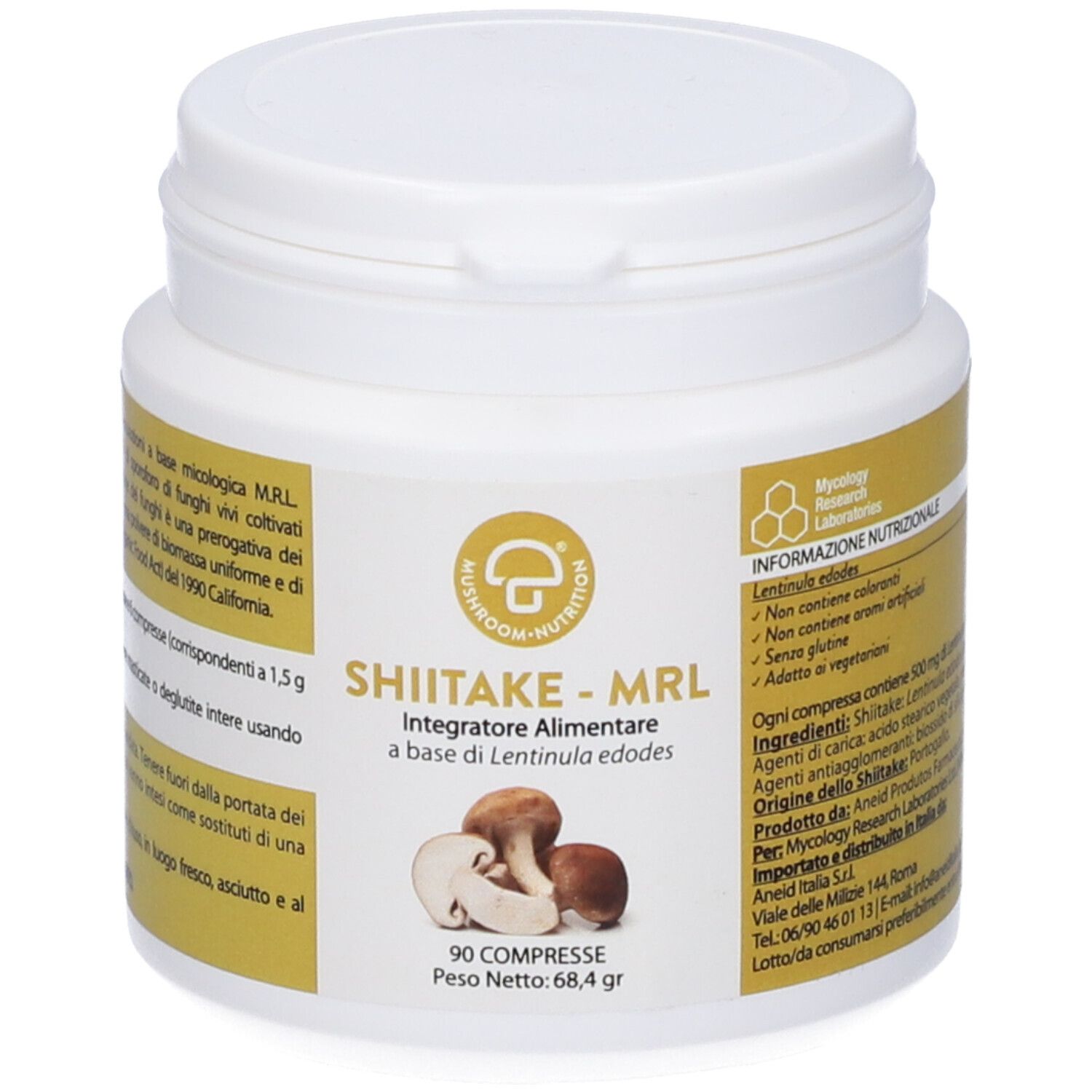 Barattolo bianco con etichetta gialla. Scritta: SHIITAKE-MRL, 90 Compresse.