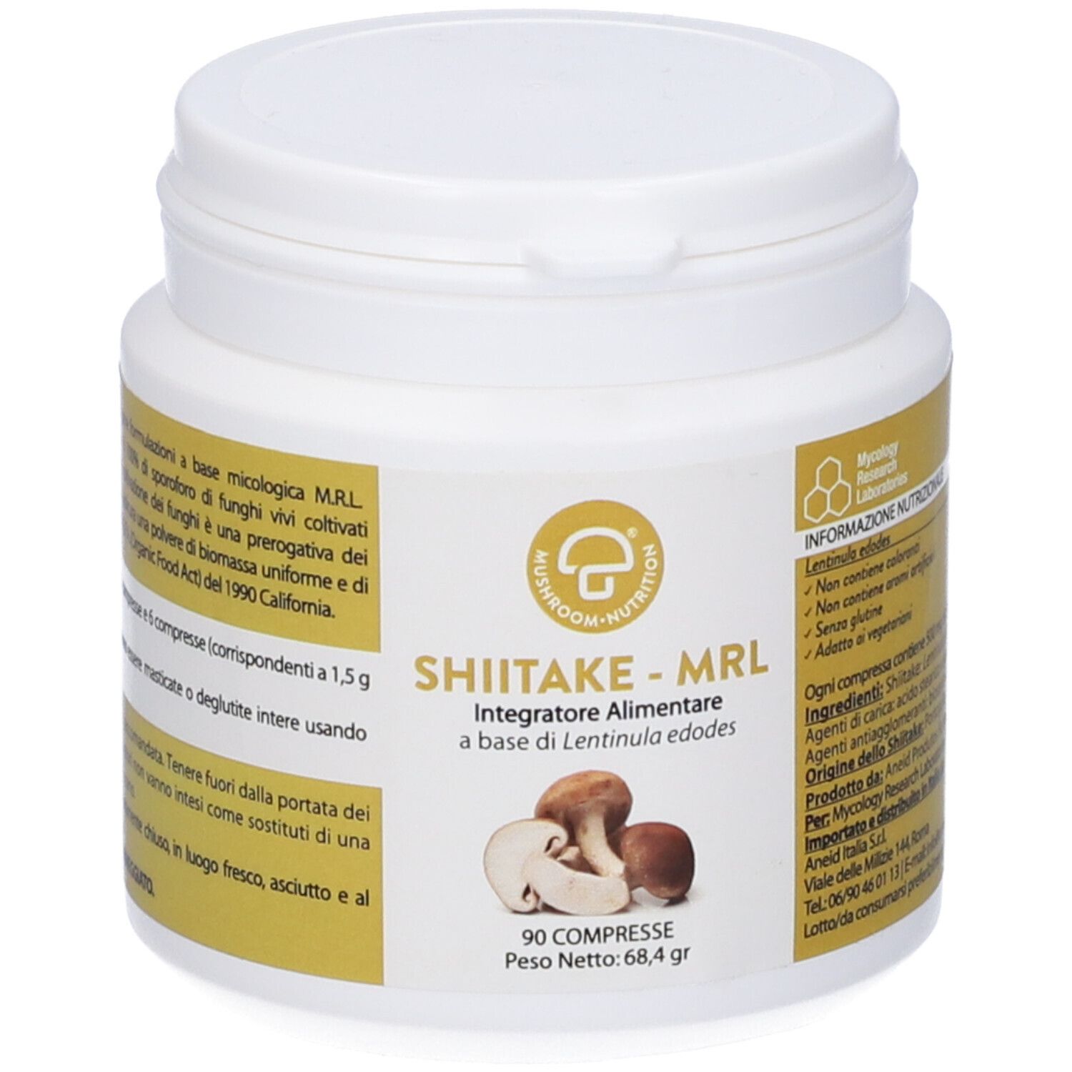 Barattolo bianco con etichetta gialla. Scritta: SHIITAKE-MRL, 90 Compresse.
